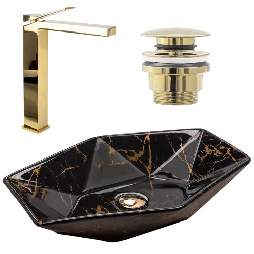 Juego de estanterías Lavabo sobre encimera Vegas marble black shiny + Grifo de baño Duet l.gold + Tapón l.gold