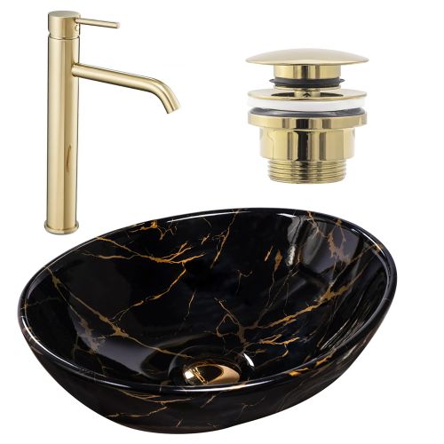 Juego de estanterías Lavabo sobre encimera Sofia marble black + Grifo de baño Lungo l.gold + Tapón l.gold